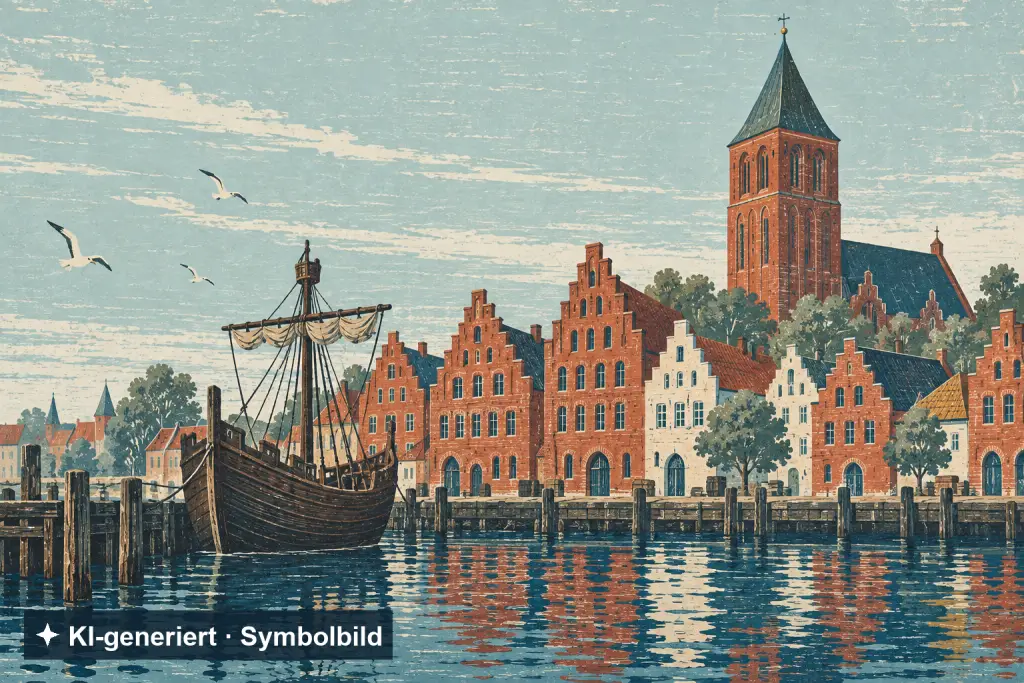 KI-generiertes Symbolbild im Stil eines Linoldrucks: Backsteinhäuser mit Treppengiebeln und ein Kirchturm an einem Hafenkai, davor eine Kogge. Keine Ansicht Wismars.